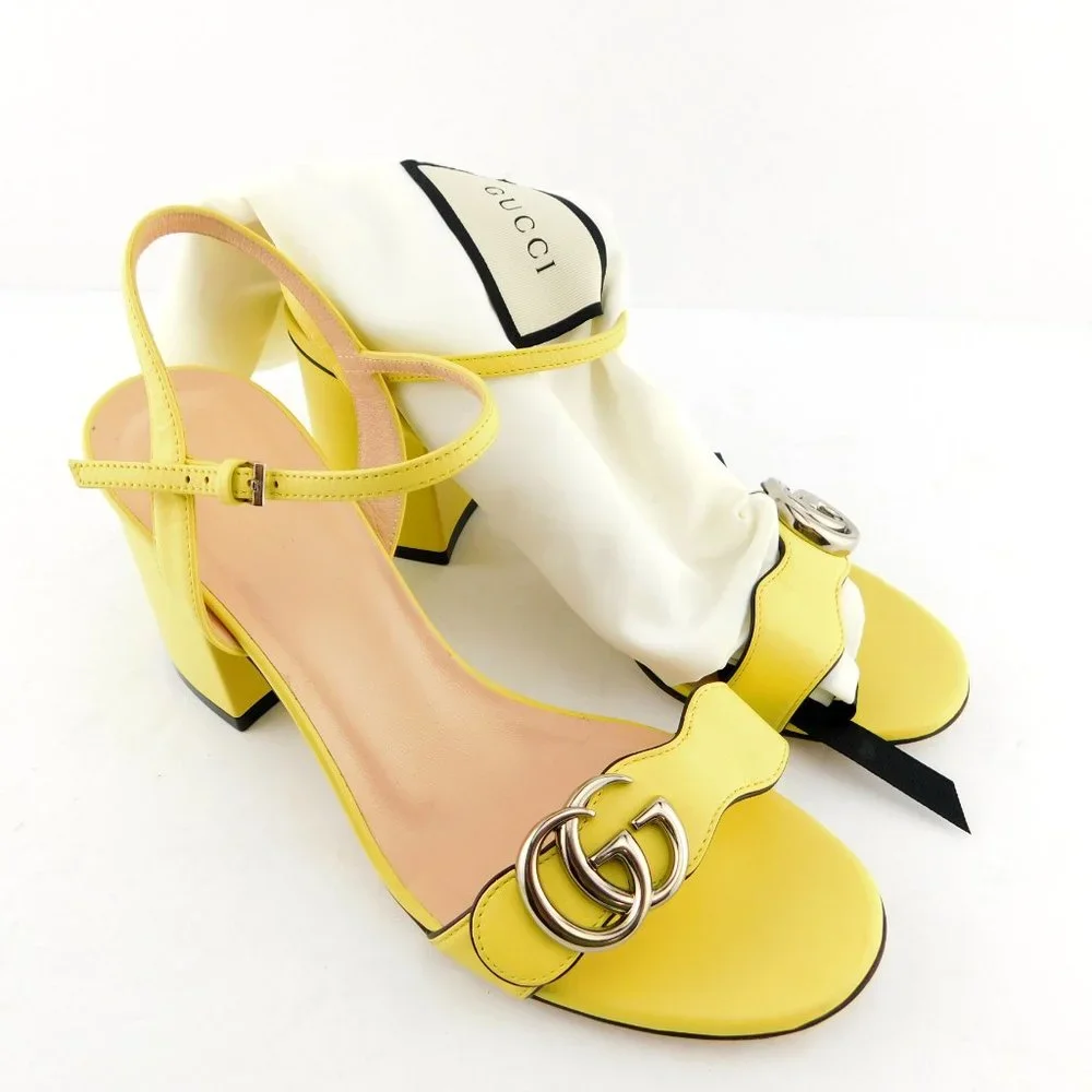 GUCCI GG Logo Sunflower Yellow Leather Ankle Strap Block Heel Sandals 38 - Picture 4 of 11